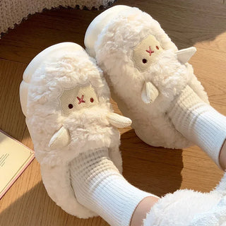 Winter Fluffy Sheep Plush Slippers – Warm Faux Fur Indoor Home Shoes