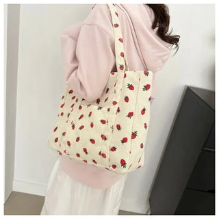 Corduroy Strawberry Shoulder Tote Bag – Large Capacity Women’s Handbag