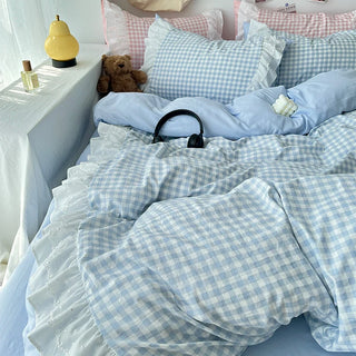 Pastel Gingham Ruffle Duvet Cover Set – 3 Pieces