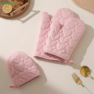 Pink Heart Quilted Oven Mitt & Pot Holder Set – 4 Pieces