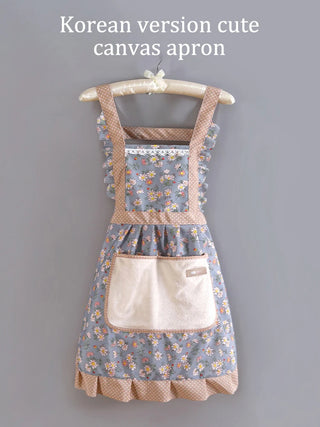 1 x Korean Style Pretty Frilly Baking / Cooking Canvas Apron with Pockets