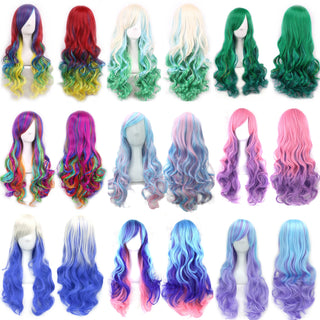 Ombre Rainbow Cosplay Wig with Bangs – Long Curly Synthetic Costume Wig