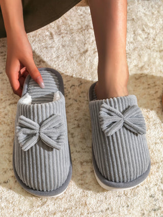 Women’s Corduroy Bow Plush Slippers – Soft Warm Indoor Winter Home Shoes