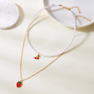 Strawberry Beaded Choker Necklace – Boho Y2K Summer Pearl Pendant