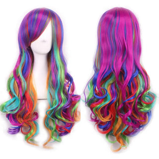 Ombre Rainbow Cosplay Wig with Bangs – Long Curly Synthetic Costume Wig
