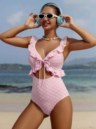 Pink Ruffle Cut-Out One Piece Swimsuit
