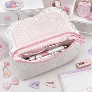 Pink Gingham Lace & Bow Storage Bag
