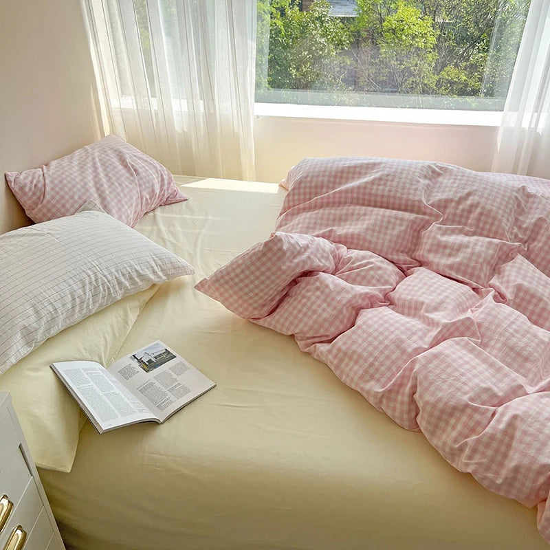 Aesthetic Block Color Plaid Duvet Sheet Bedding Set Bedding by The Kawaii Shoppu | The Kawaii Shoppu