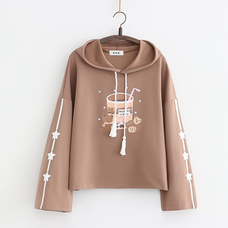 Boba Milk Tea Bear Harajuku Hoodie Brown long sleeve One Size Clothing and Accessories by The Kawaii Shoppu | The Kawaii Shoppu