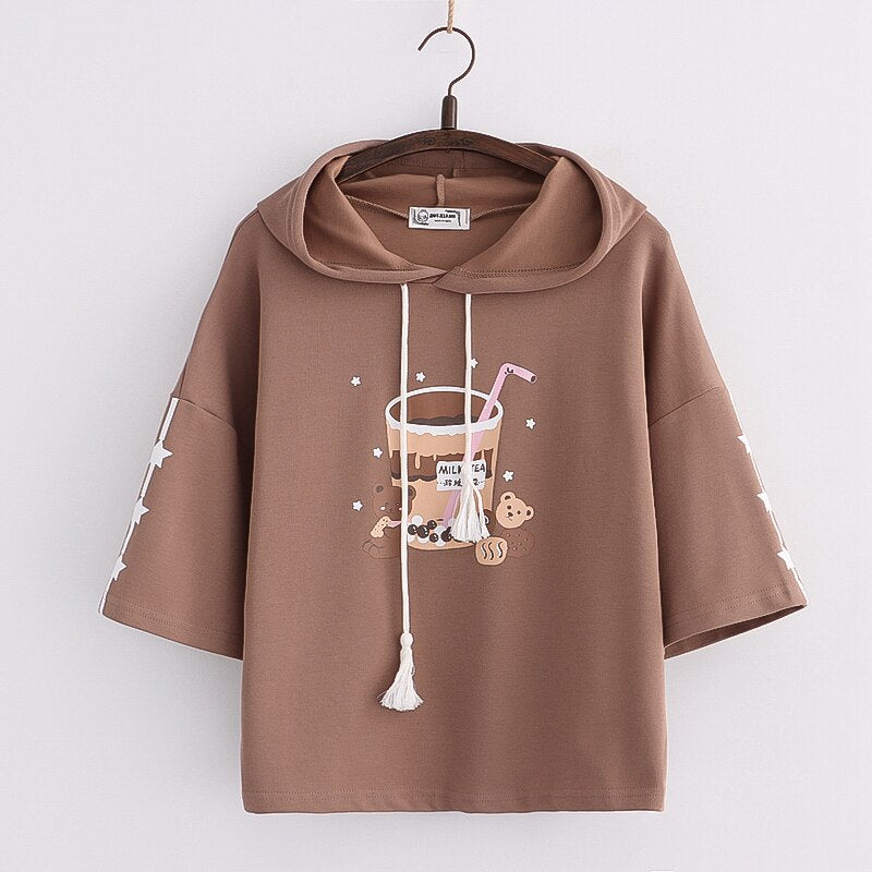 Boba Milk Tea Bear Harajuku Hoodie Brown Short Sleeve One Size Clothing and Accessories by The Kawaii Shoppu | The Kawaii Shoppu