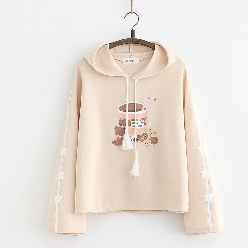 Boba Milk Tea Bear Harajuku Hoodie Khaki long sleeve One Size Clothing and Accessories by The Kawaii Shoppu | The Kawaii Shoppu