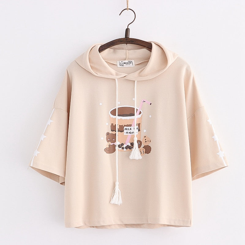 Boba Milk Tea Bear Harajuku Hoodie Khaki Short Sleeve One Size Clothing and Accessories by The Kawaii Shoppu | The Kawaii Shoppu