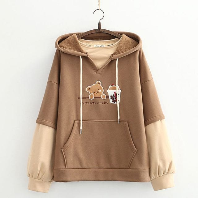 Boba Tea Bear Chocolate Hoodie Brown M Clothing and Accessories The Kawaii Shoppu