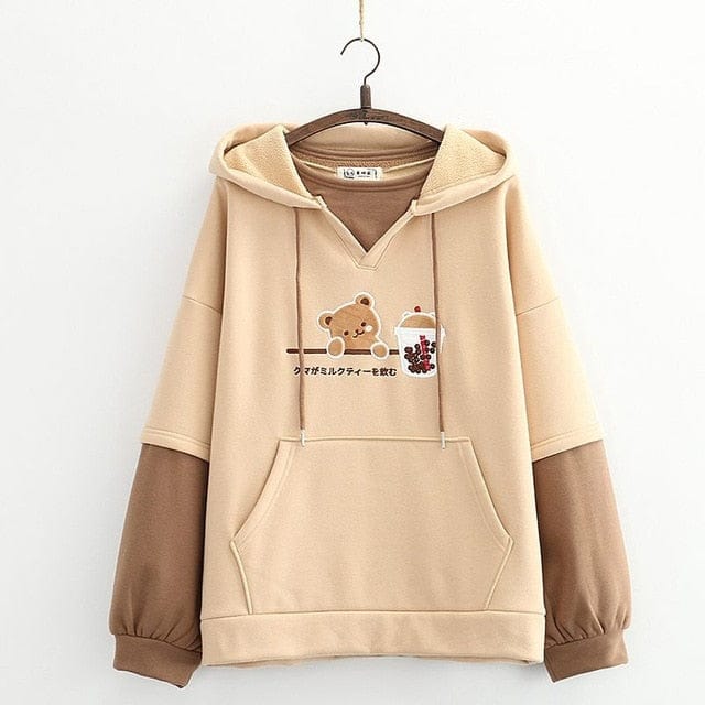 Boba Tea Bear Chocolate Hoodie Khaki M Clothing and Accessories The Kawaii Shoppu