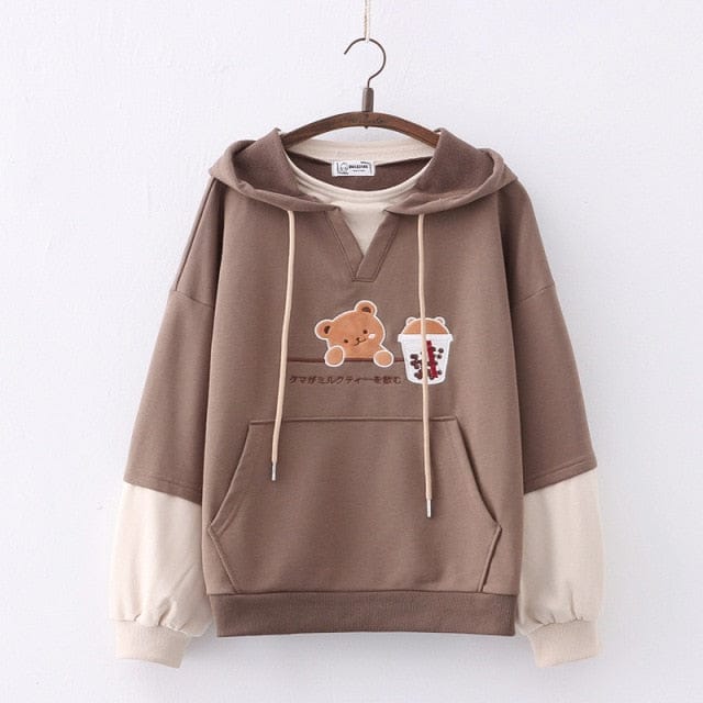 Boba Tea Bear Chocolate Hoodie Thin Brown M Clothing and Accessories The Kawaii Shoppu