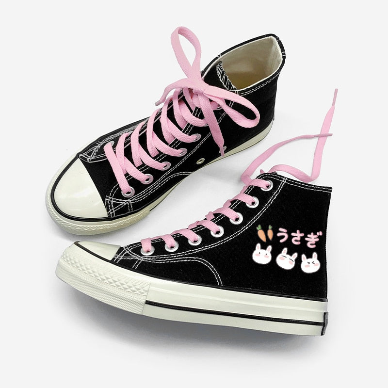 Bunny Charm Canvas Hi Top Shoe Sneaker Black Shoes by The Kawaii Shoppu | The Kawaii Shoppu