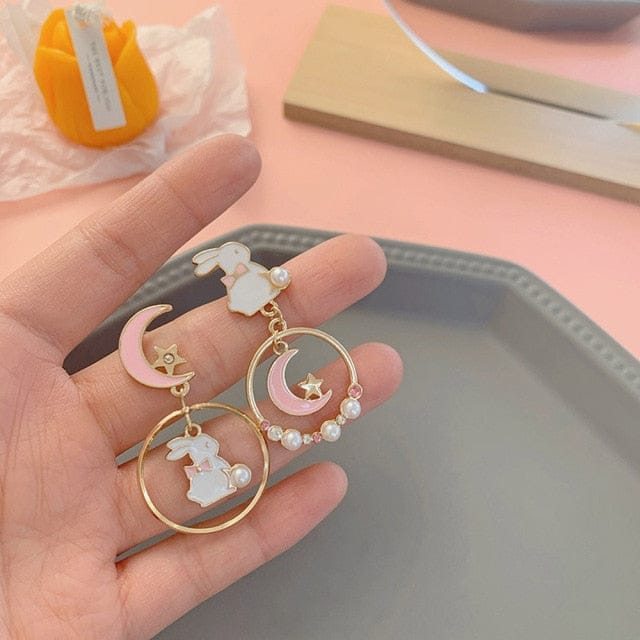 Bunny Moon Drop Earring Double - Pink Accessory The Kawaii Shoppu