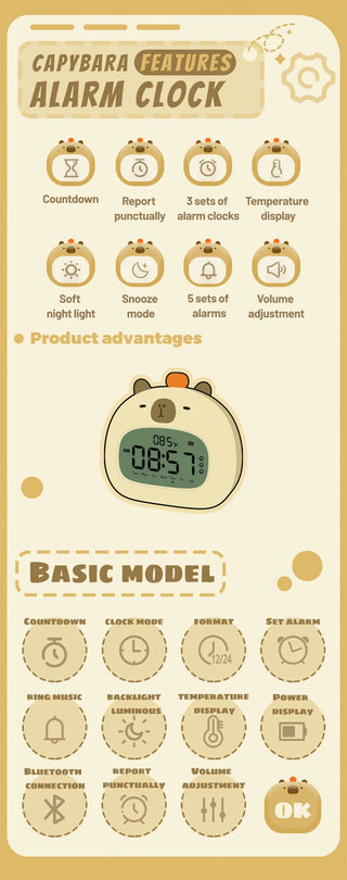 Capybara Bedside LED Digital Alarm Clock Yellow Electrical by The Kawaii Shoppu | The Kawaii Shoppu