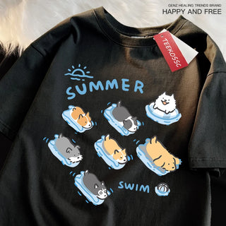 Cat and Dog Swimming T-Shirt – Japanese Style Cotton Tee