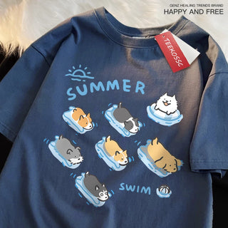Cat and Dog Swimming T-Shirt – Japanese Style Cotton Tee