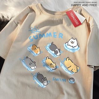 Cat and Dog Swimming T-Shirt – Japanese Style Cotton Tee