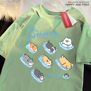 Cat and Dog Swimming T-Shirt – Japanese Style Cotton Tee