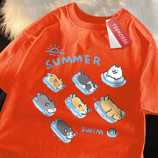 Cat and Dog Swimming T-Shirt – Japanese Style Cotton Tee