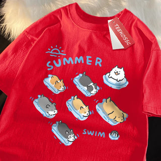 Cat and Dog Swimming T-Shirt – Japanese Style Cotton Tee