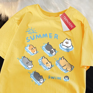 Cat and Dog Swimming T-Shirt – Japanese Style Cotton Tee