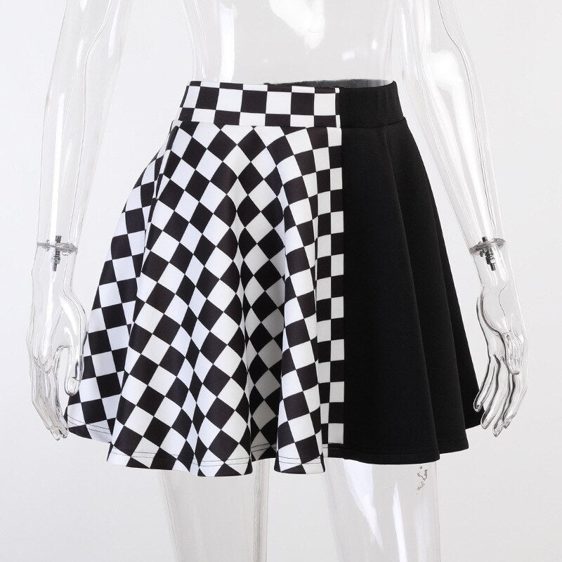 Chess Board Checkered Skater Skirt Black and White Clothing and Accessories by The Kawaii Shoppu | The Kawaii Shoppu