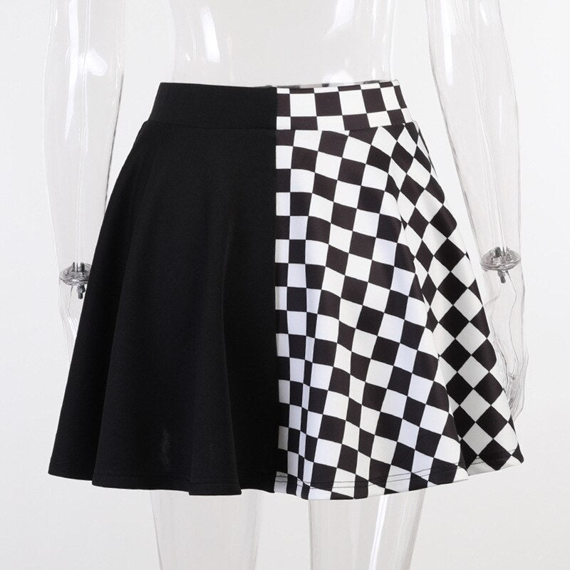 Chess Board Checkered Skater Skirt Black and White Clothing and Accessories by The Kawaii Shoppu | The Kawaii Shoppu