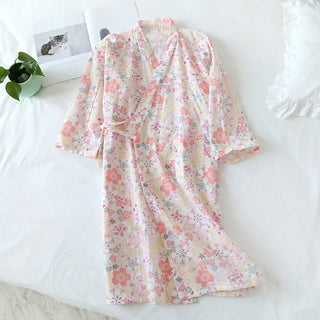 Cotton Cherry Blossom Kimono Robe – Women’s Lightweight Summer Nightgown