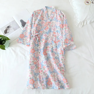 Cotton Cherry Blossom Kimono Robe – Women’s Lightweight Summer Nightgown