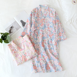 Cotton Cherry Blossom Kimono Robe – Women’s Lightweight Summer Nightgown