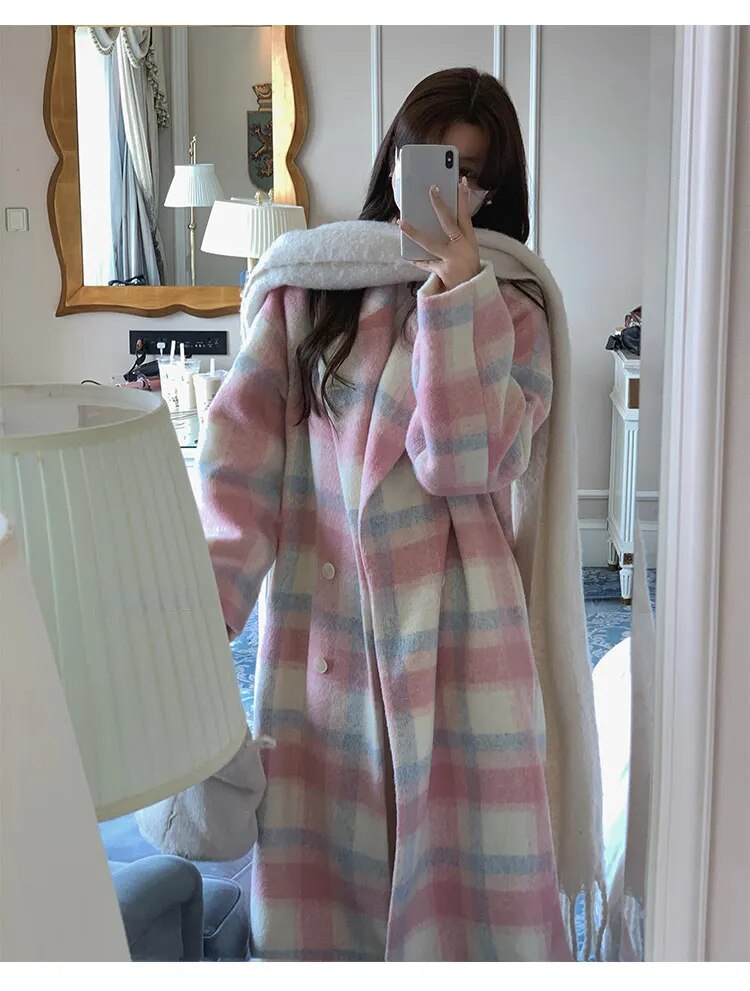 Cozy Pastel Korean Style Patchwork Long Autumn Winter Trench Coat Clothing and Accessories by The Kawaii Shoppu | The Kawaii Shoppu