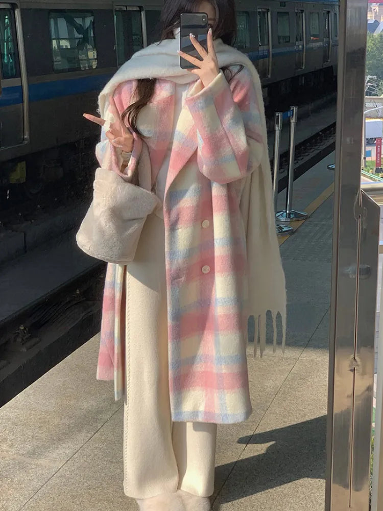 Cozy Pastel Korean Style Patchwork Long Autumn Winter Trench Coat Clothing and Accessories by The Kawaii Shoppu | The Kawaii Shoppu