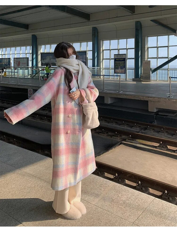 Cozy Pastel Korean Style Patchwork Long Autumn Winter Trench Coat Clothing and Accessories by The Kawaii Shoppu | The Kawaii Shoppu