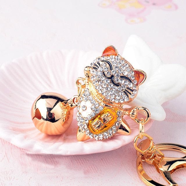 Crystal Gem Maneki Neko Keyring gold null The Kawaii Shoppu