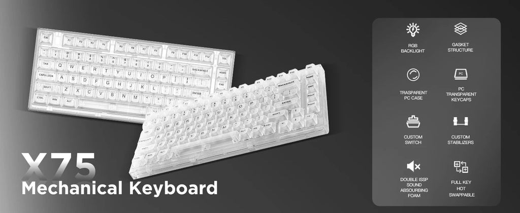 Crystal X75 Wired 82 Keys Hot Swap Mechanical Keyboard Transparent White Keyboard by The Kawaii Shoppu | The Kawaii Shoppu