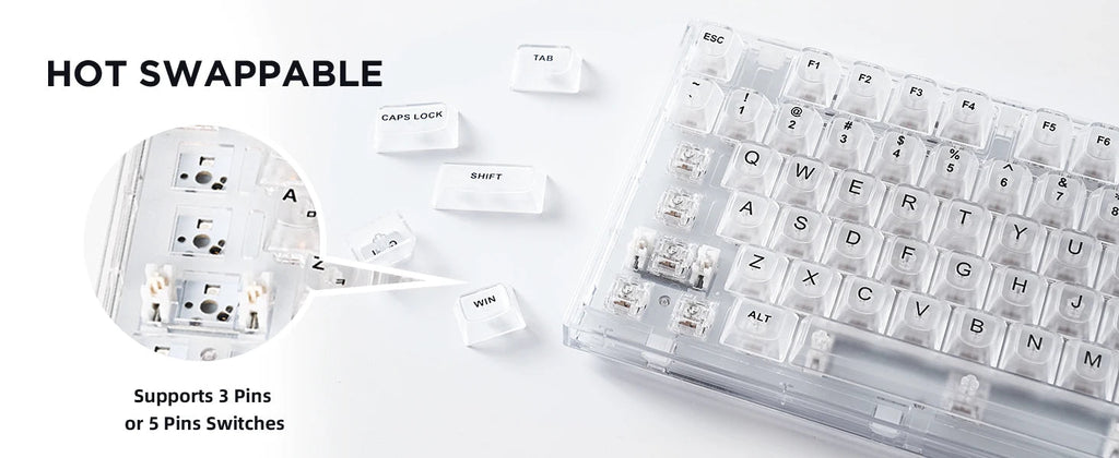 Crystal X75 Wired 82 Keys Hot Swap Mechanical Keyboard Transparent White Keyboard by The Kawaii Shoppu | The Kawaii Shoppu