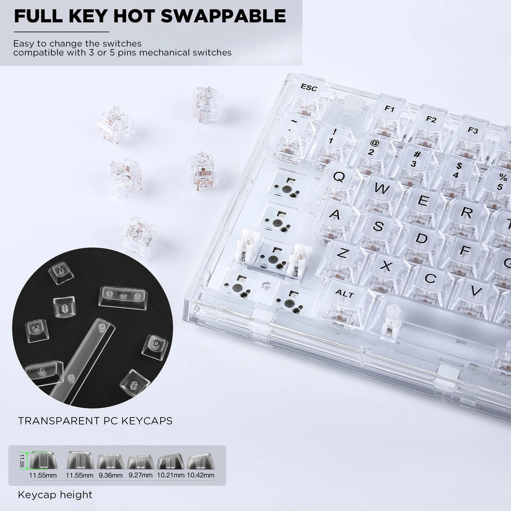 Crystal X75 Wired 82 Keys Hot Swap Mechanical Keyboard Transparent White Keyboard by The Kawaii Shoppu | The Kawaii Shoppu