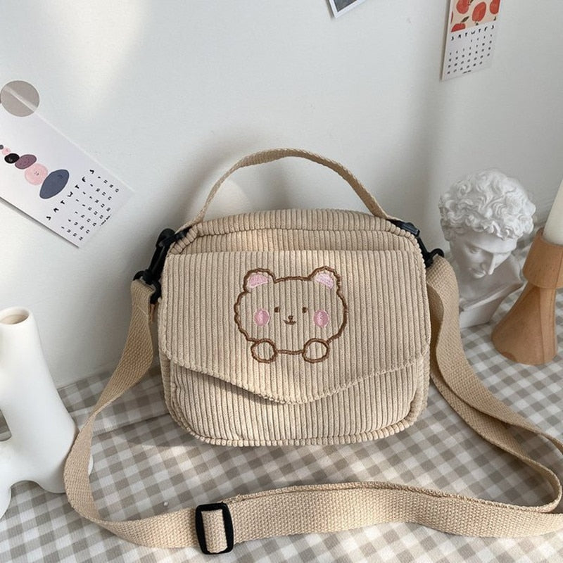 Cute Bear Aesthetic Mini Corduroy Shoulder Bag Bags by The Kawaii Shoppu | The Kawaii Shoppu