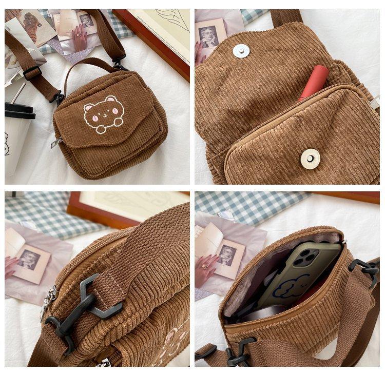 Cute Bear Aesthetic Mini Corduroy Shoulder Bag Bags by The Kawaii Shoppu | The Kawaii Shoppu