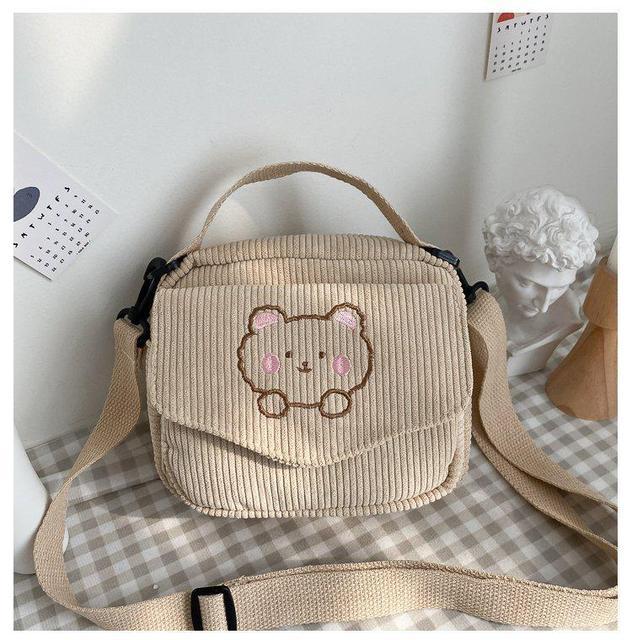 Cute Bear Aesthetic Mini Corduroy Shoulder Bag Beige Bags by The Kawaii Shoppu | The Kawaii Shoppu