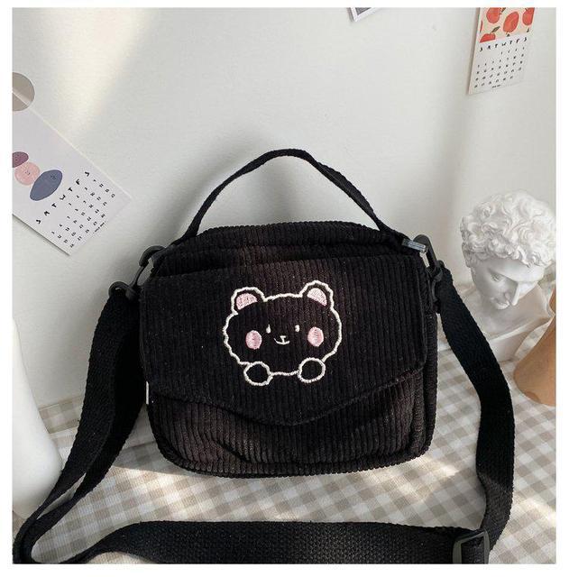 Cute Bear Aesthetic Mini Corduroy Shoulder Bag Black Bags by The Kawaii Shoppu | The Kawaii Shoppu