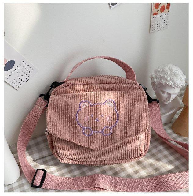 Cute Bear Aesthetic Mini Corduroy Shoulder Bag Pink Bags by The Kawaii Shoppu | The Kawaii Shoppu