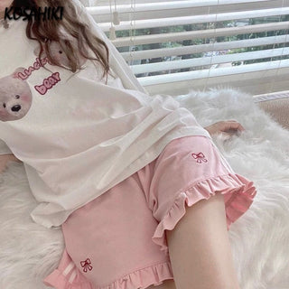 Cute Bow Kawaii Aesthetic Loose High Waist Shorts Pink Clothing and Accessories The Kawaii Shoppu