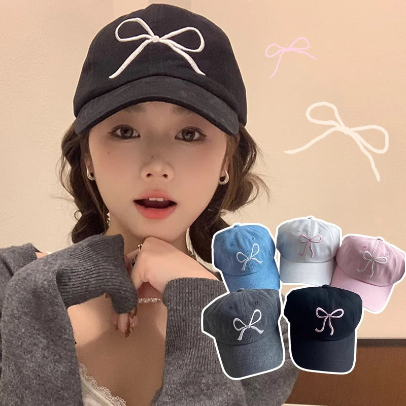 Cute Bow Pink / Denim Baseball Cap adjustable Accessories by The Kawaii Shoppu | The Kawaii Shoppu