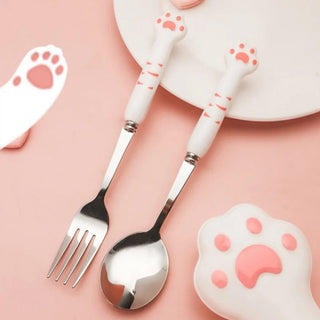 Cute Cat Paw Cutlery Set – Spoon & Fork with Storage Box