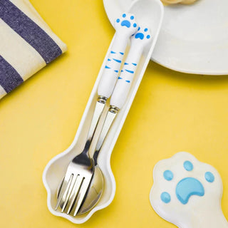 Cute Cat Paw Cutlery Set – Spoon & Fork with Storage Box